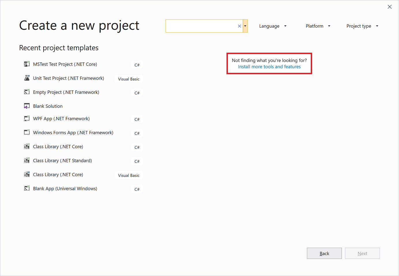 Screenshot showing the Create a new project window with the 'Install more tools and features' link highlighted.