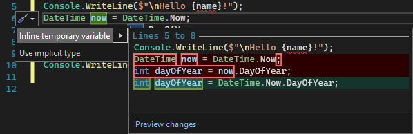 Visual Studio 2022でインライン一時変数の提案を示すスクリーンショット