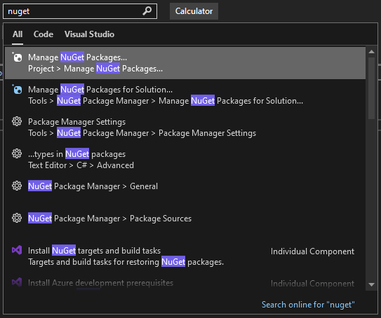 Visual Studio の [クイック起動] 検索ボックスを示すスクリーンショット。