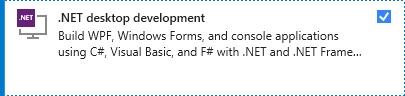 Visual Studio インストーラーの [.NET デスクトップ開発] ワークロードを示すスクリーンショット。