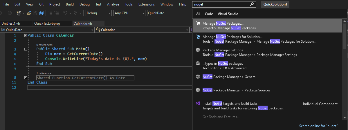 Visual Studio の [クイック起動] 検索ボックスを示すスクリーンショット。