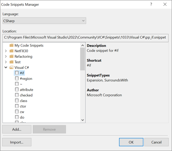 Screenshot of the Code Snippets Manager dialog box.
