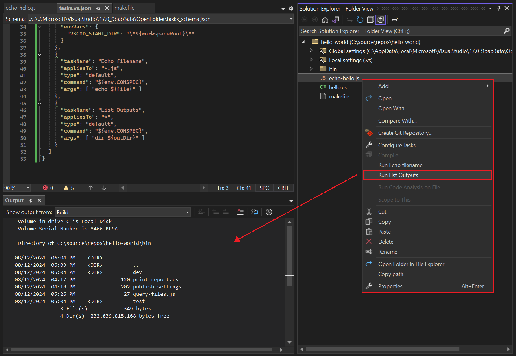Visual Studio ソリューション エクスプローラーの右クリック メニューに追加された任意のタスクを示すスクリーンショット。