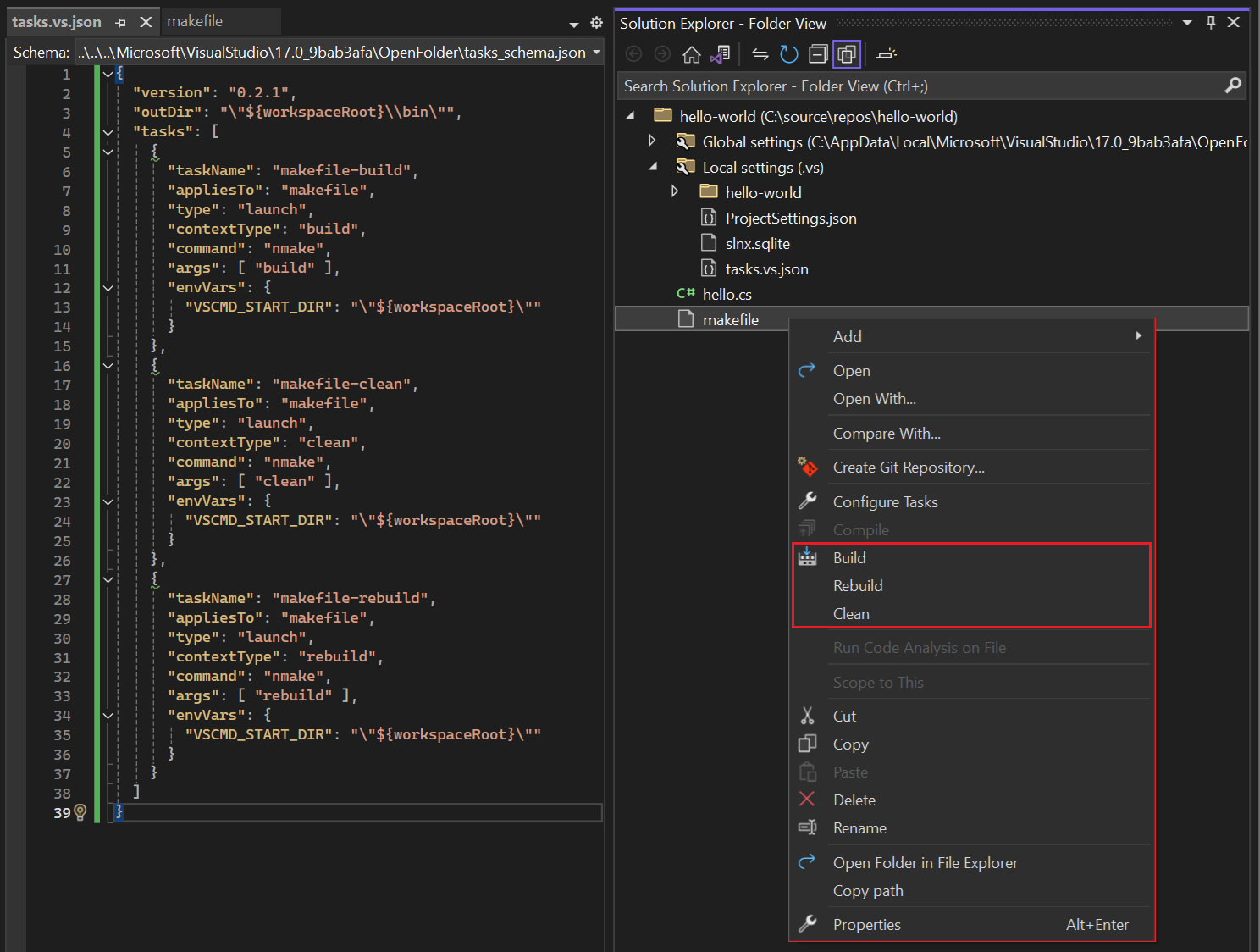 ソリューション エクスプローラーの右クリック メニューに追加された、メイクファイルのビルド、リビルド、およびクリーン タスクを示すスクリーンショット。