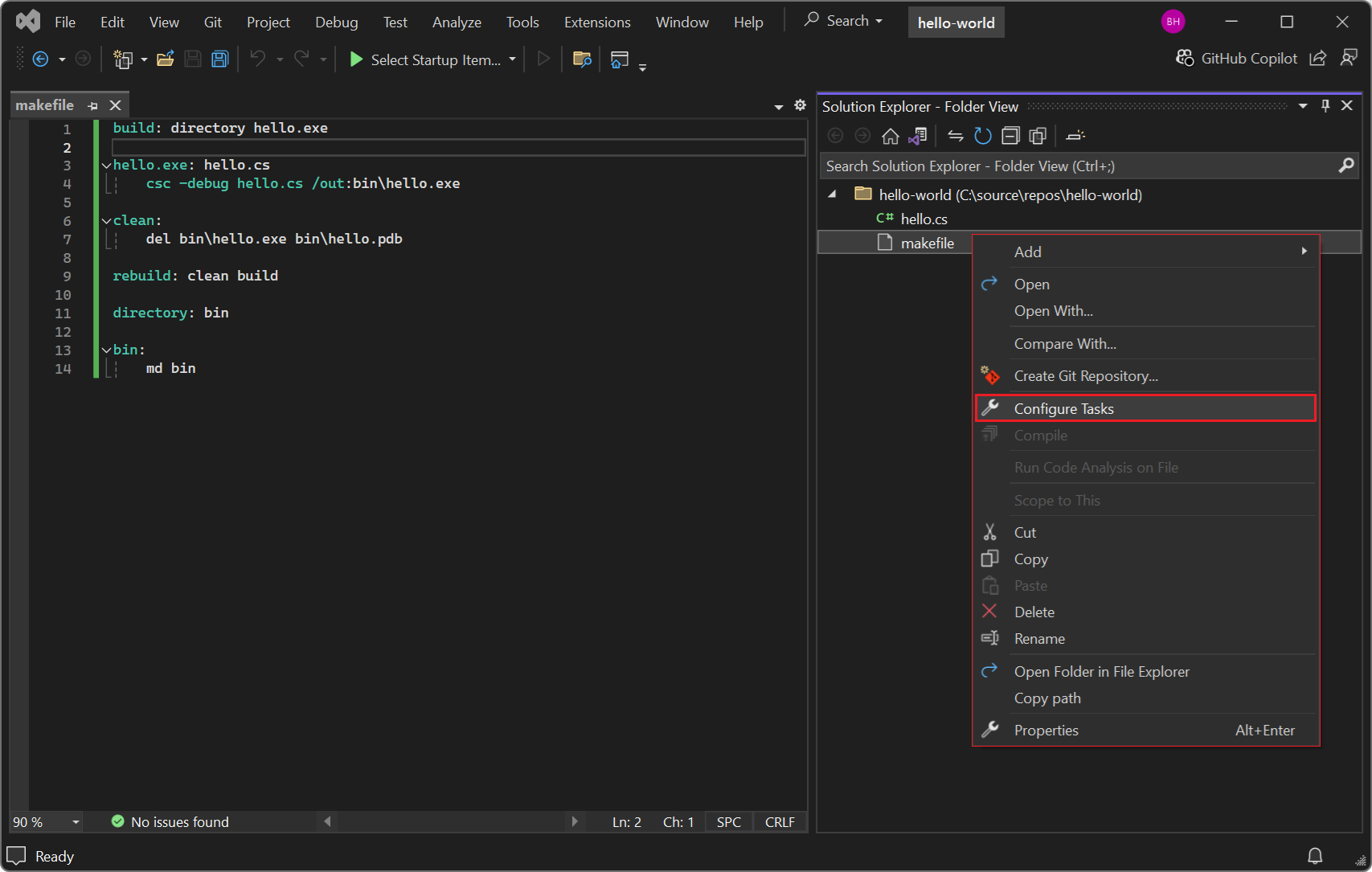 ソリューション エクスプローラーでビルド スクリプトとファイルに対する外部操作を自動化するタスクを構成する方法を示したスクリーンショット。