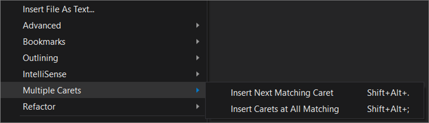 Screenshot of the Multiple Carets fly-out menu in Visual Studio