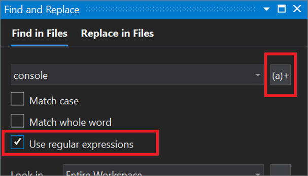 Screenshot of the Find in Files dialog box that includes and outline around the Expression Builder button and the Use Regular Expressions checkbox.