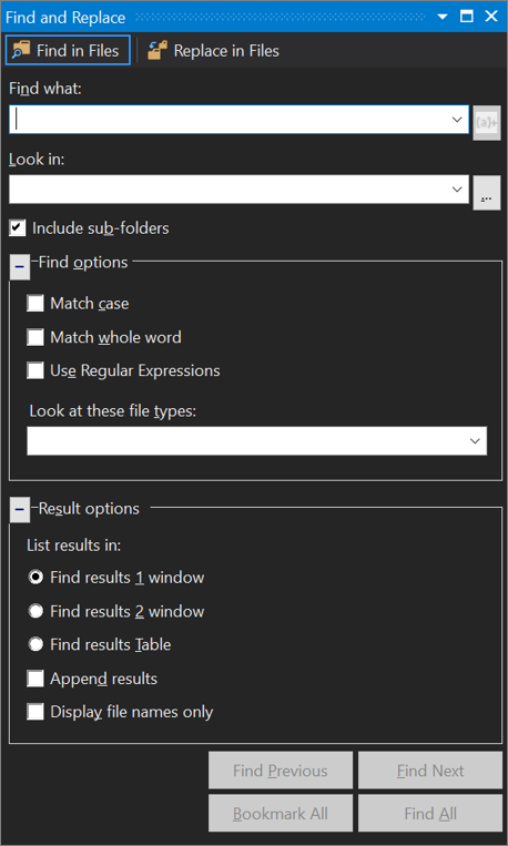 Screenshot of the Find and Replace dialog box in Visual Studio 2017, with the Find in Files tab open.