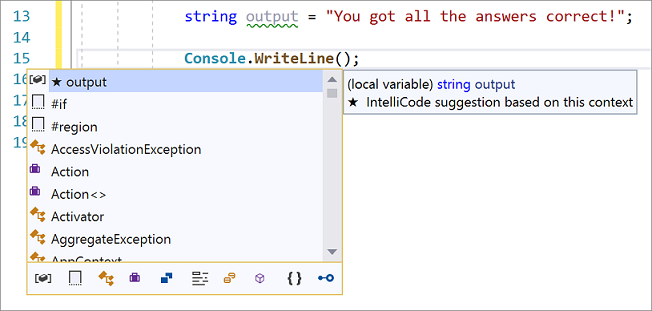 Screenshot of argument completion in IntelliCode for Visual Studio.
