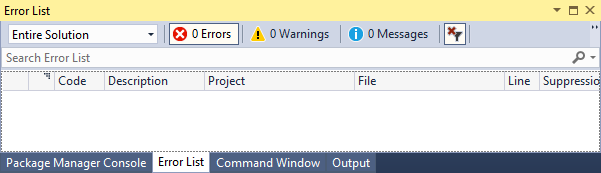 Screenshot of the Error List in Visual Studio 2019.