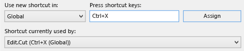 コマンドに別のキーボード ショートカットを指定する方法の例を示すスクリーンショット。