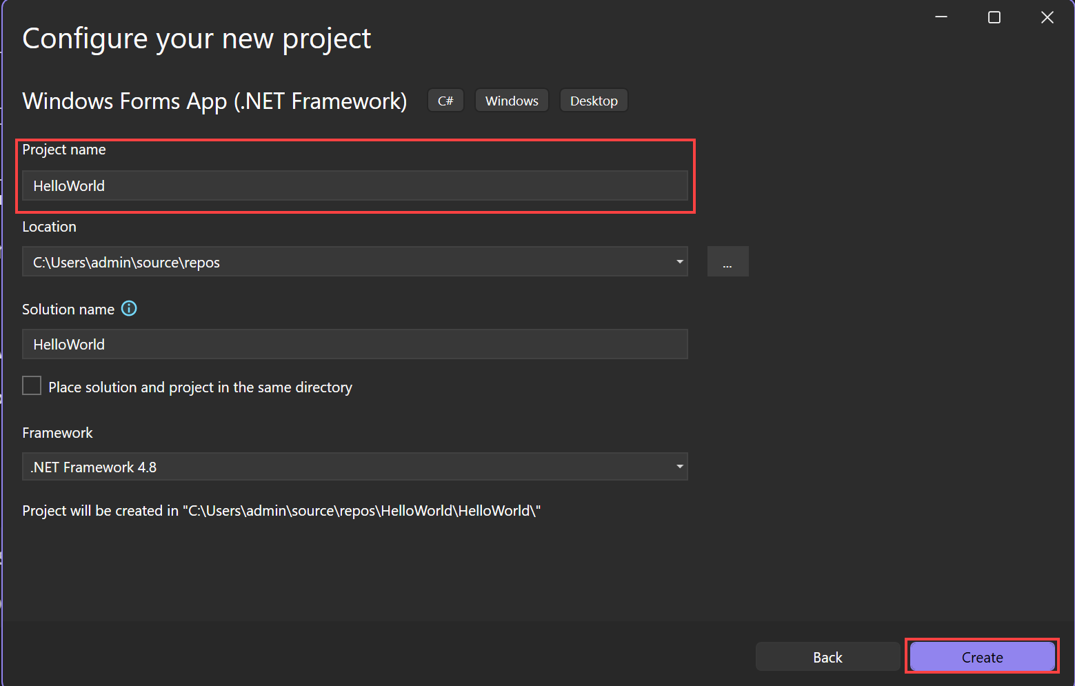 HelloWorld という名前のプロジェクトの [新しいプロジェクトの構成] ウィンドウを示すスクリーンショット。