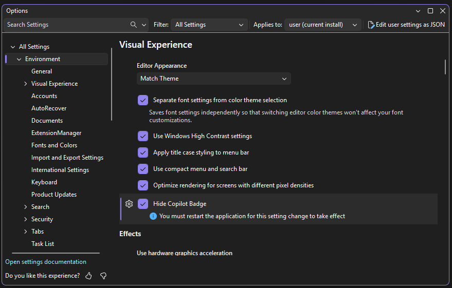Visual Studio で [Copilot の非表示] メニュー バッジ オプションをオフにする方法を示すスクリーンショット。