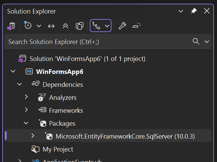 ソリューション エクスプローラーの NuGet パッケージのスクリーンショット。