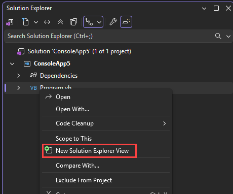 ソリューション エクスプローラーの右クリック コンテキスト メニューの [新しいソリューション エクスプローラー] ビューのスクリーンショット。