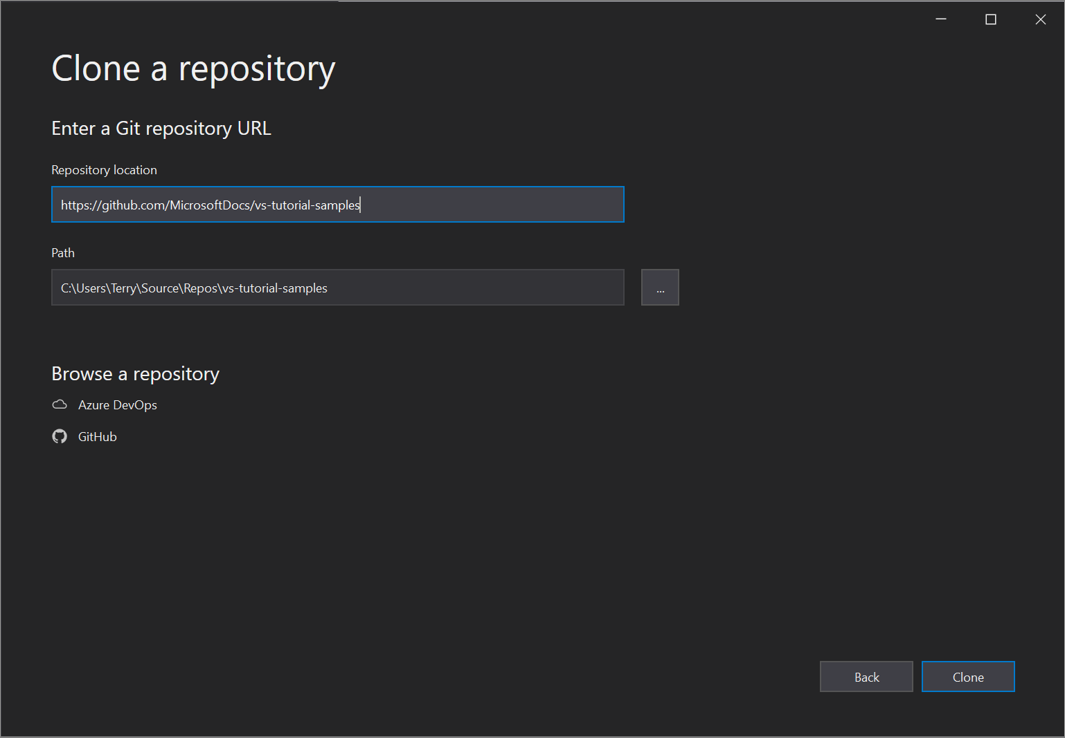 Screenshot of the Clone a Repository dialog where you enter a Git repo URL in Visual Studio 2019 version 16.8 and later.