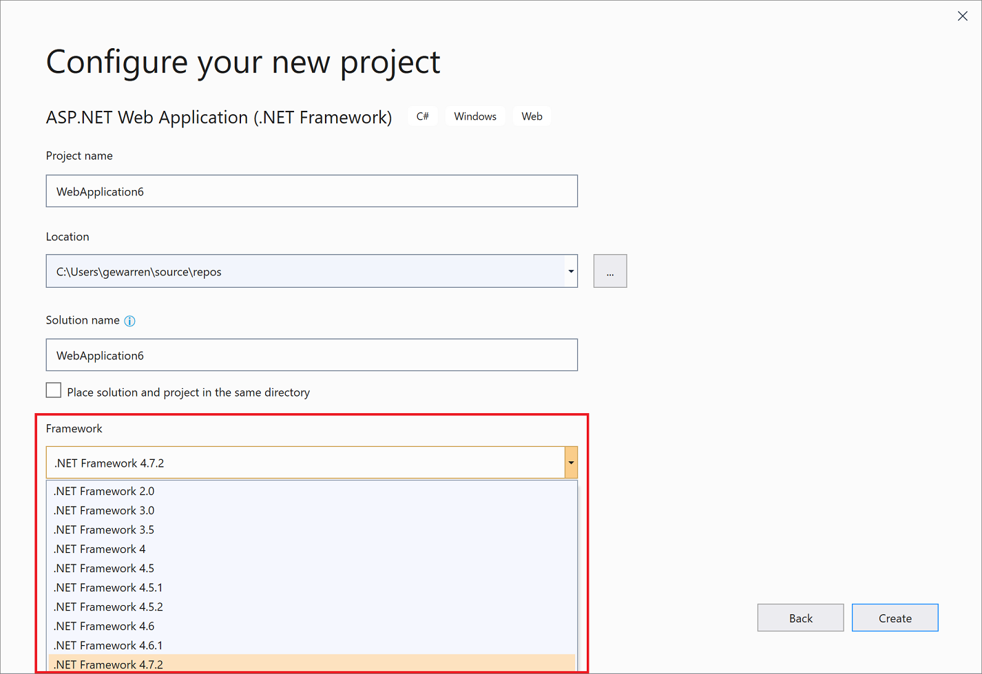 Screenshot of the Framework selector in the 'Configure new project' dialog box in Visual Studio 2019.