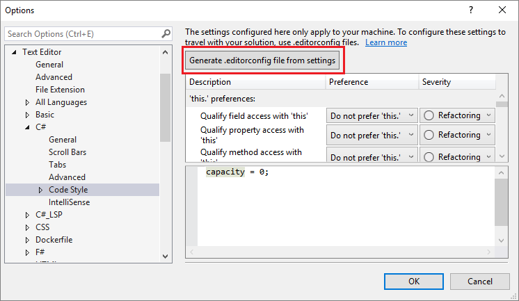 Screenshot that shows how to generate an .editorconfig file from Visual Studio settings.