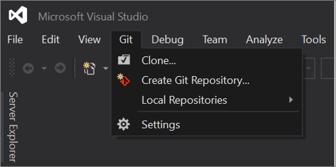 Visual Studio 2019 バージョン 16.8 以降での [Git] メニューのスクリーンショット。