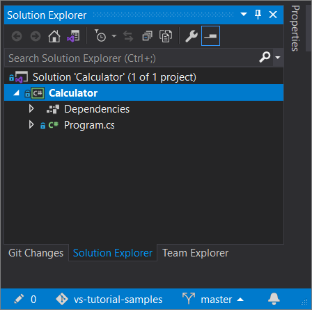 Visual Studio 2019 バージョン 16.8 以降のソリューション エクスプローラーで開かれている Git のプロジェクトのスクリーンショット。