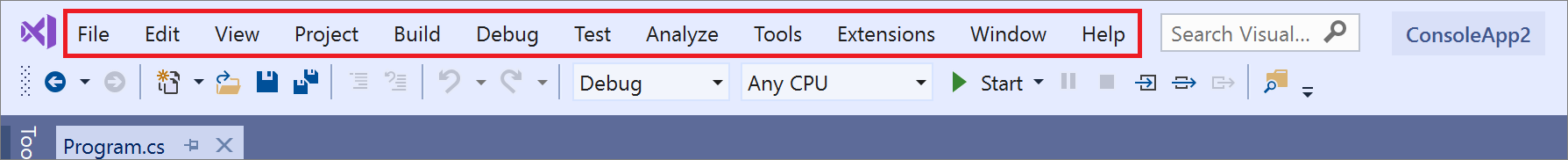 Screenshot showing the Menu bar in Visual Studio 2019.