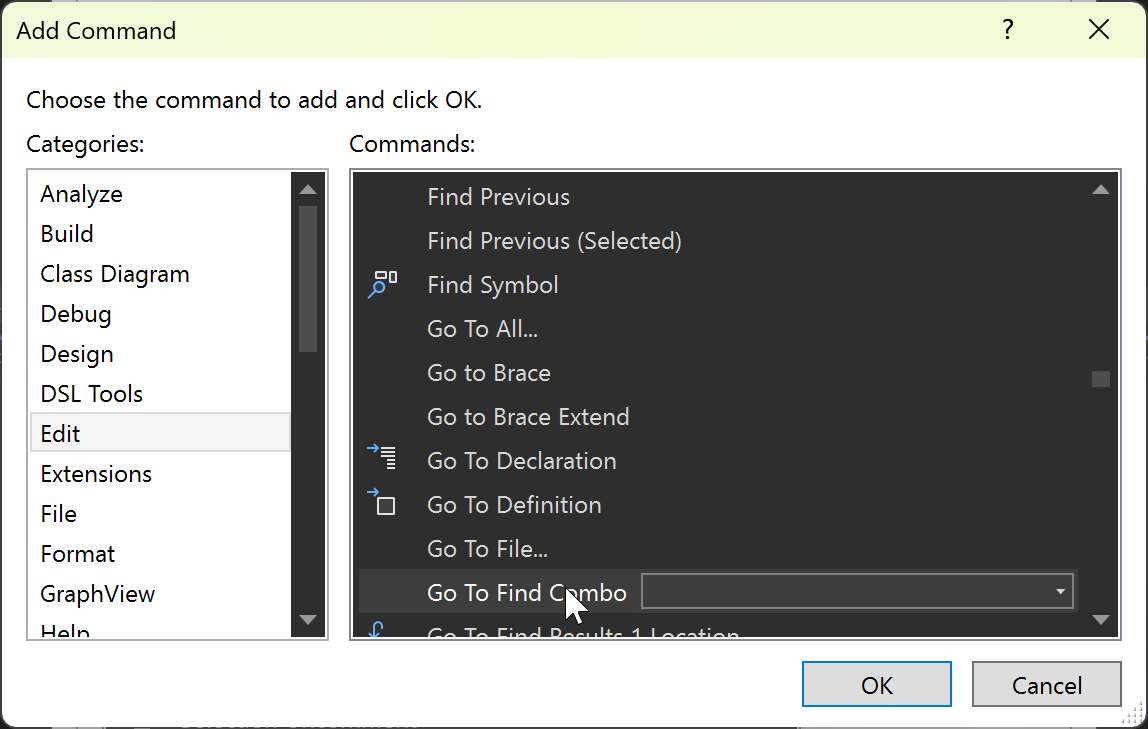 Screenshot of the Add Command dialog box, showing the Go to Find Combo item.