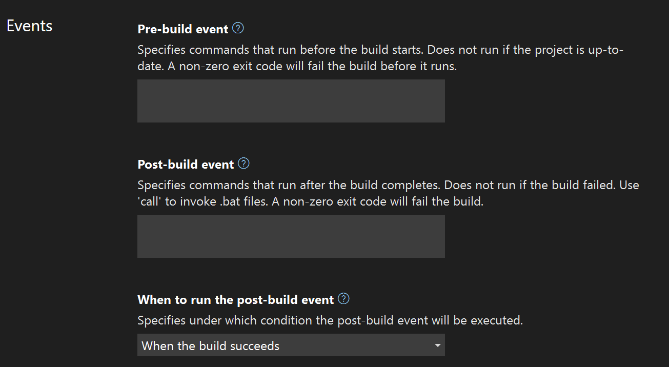 ビルド イベントの設定を示すスクリーンショット。