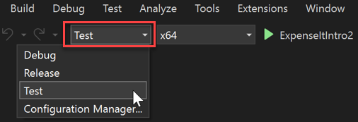 標準ツール バーの [ソリューション構成] ドロップダウン リストのスクリーンショット。
