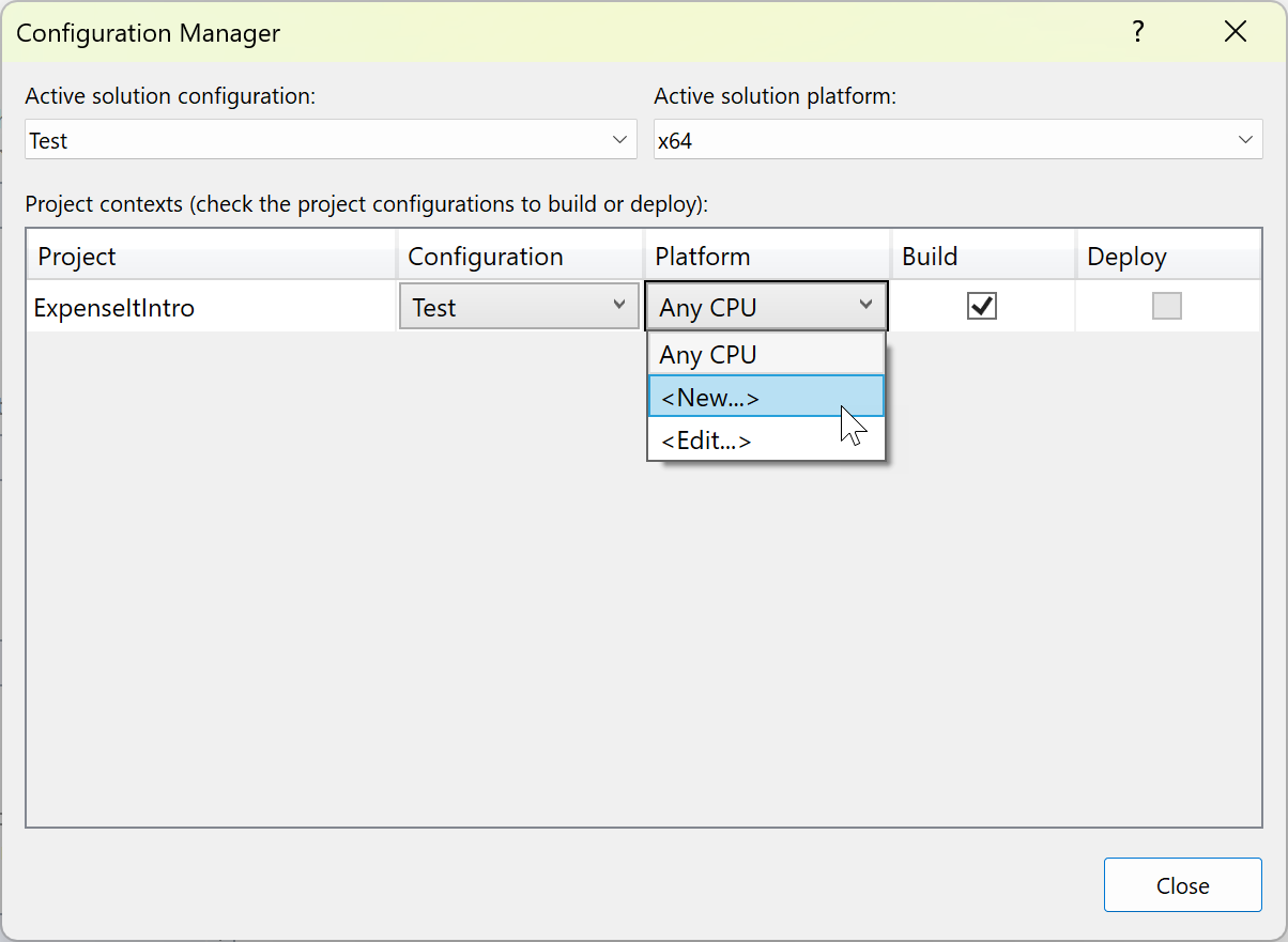Configuration Manager での新しいプロジェクト プラットフォームの作成を示すスクリーンショット。