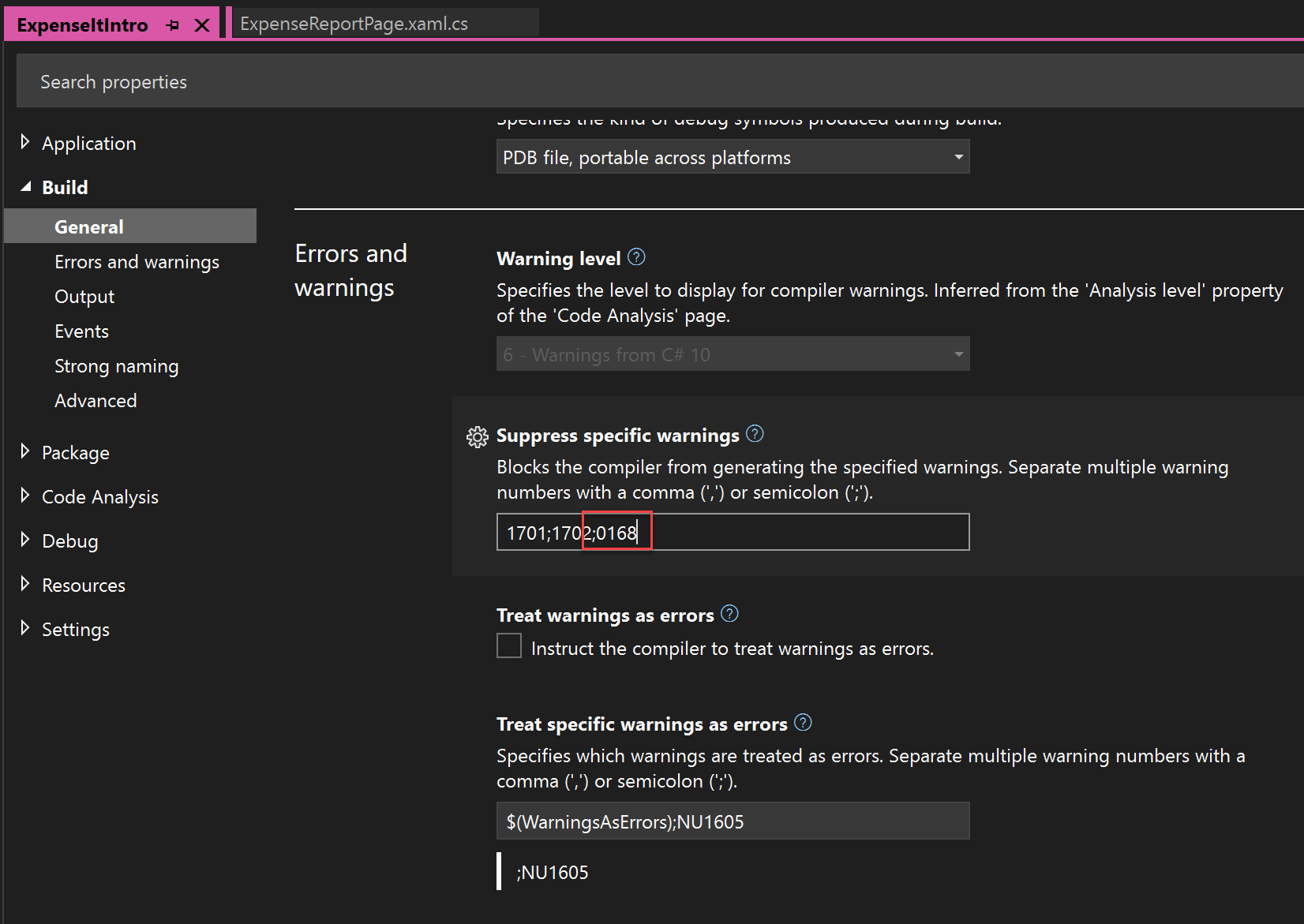 [プロジェクトのプロパティ] の [ビルド] セクションのスクリーンショット。