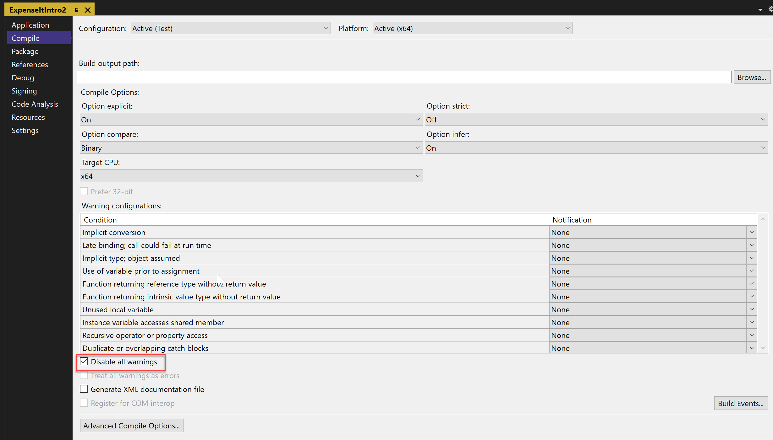 プロジェクト デザイナーの [コンパイル] タブで警告を無効にするスクリーンショット。