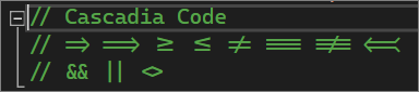 エディターの Cascadia Code フォントの例のスクリーンショット。