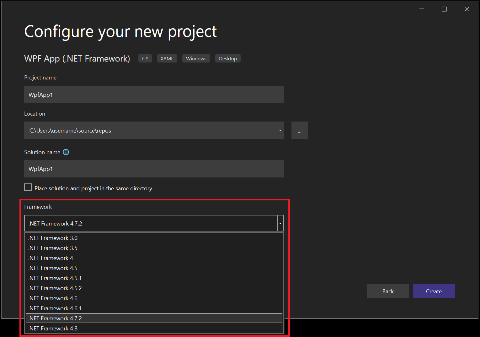 Screenshot of the Framework selector in the 'Configure new project' dialog box.