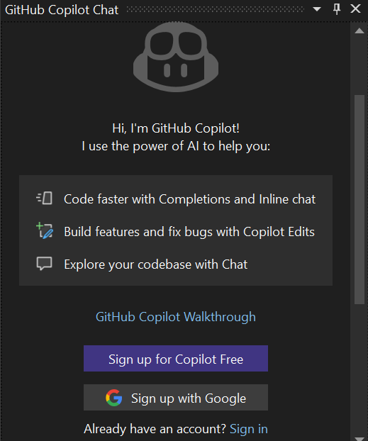 チャット ウィンドウで Copilot Free にサインアップするスクリーンショット。