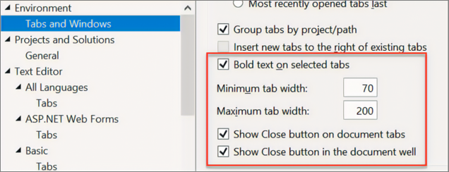 Visual Studio のタブをカスタマイズするための新しいカスタム編成オプションのスクリーンショット。