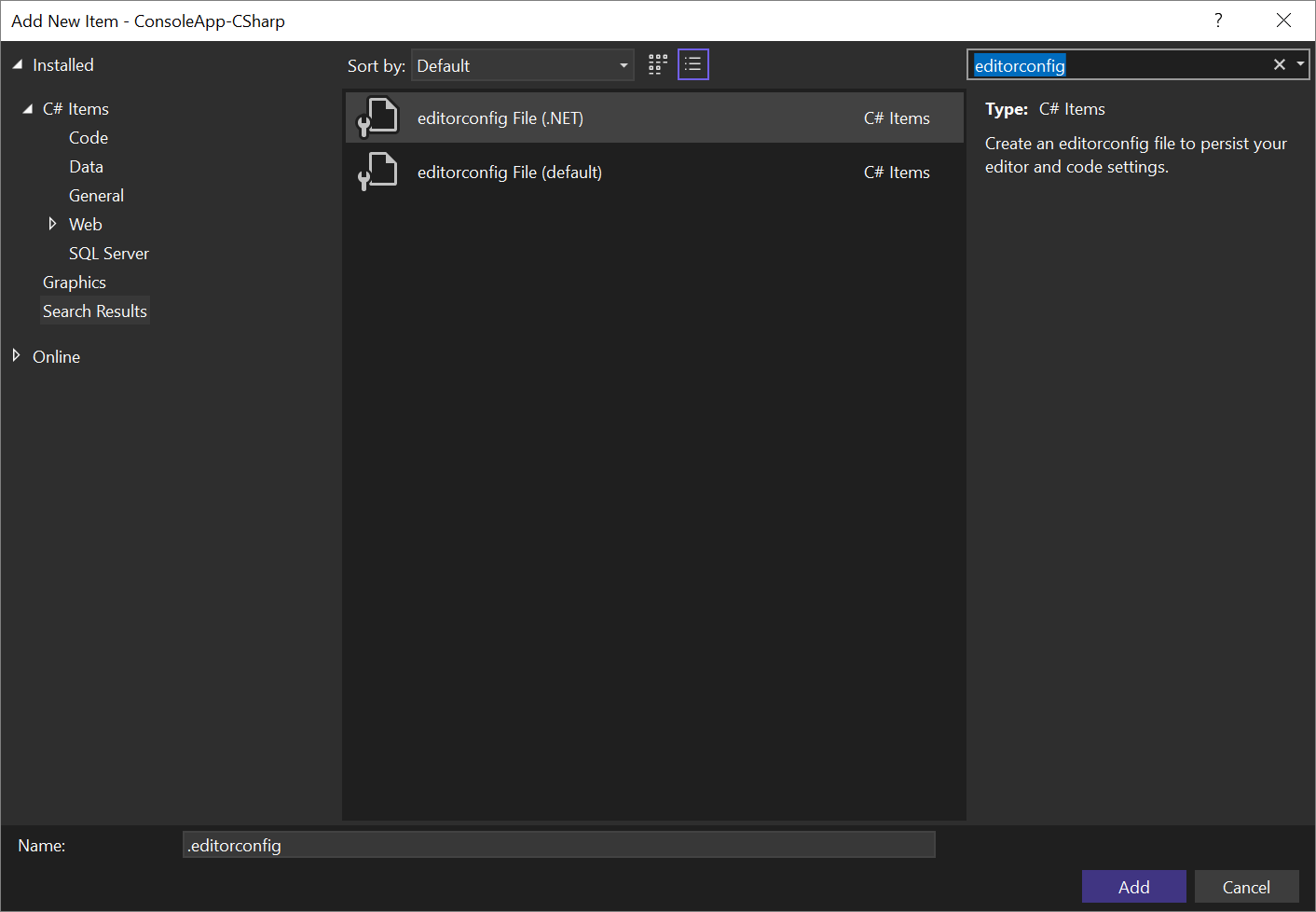 Screenshot of the EditorConfig file templates for C# in Visual Studio.