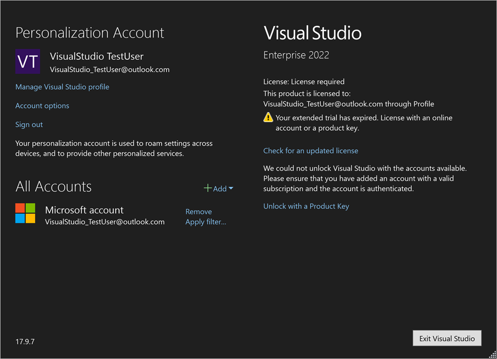 Visual Studio の有効期限が切れたライセンスのスクリーンショット。