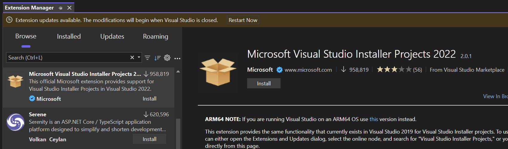 使用可能な拡張機能の更新プログラムについて Visual Studio から通知される方法を示すスクリーンショット。