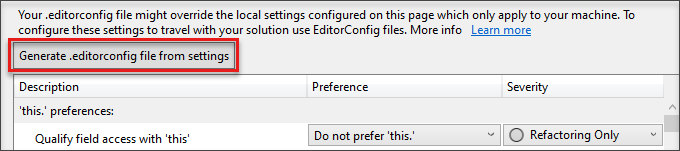 設定からの editorconfig ファイル生成のスクリーンショット。