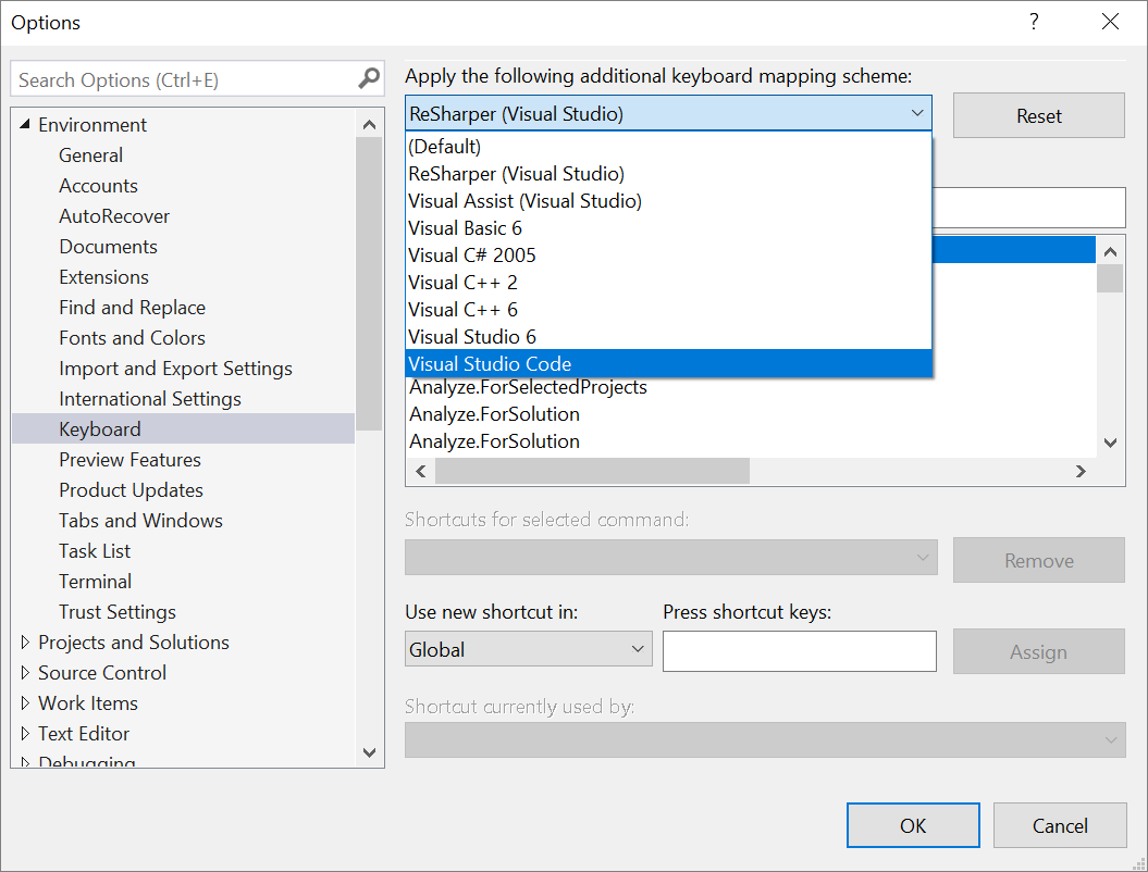 Screenshot of the keyboard schemes in Visual Studio 2022.