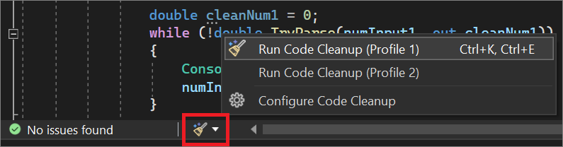 Screenshot of the Code Cleanup button and options.