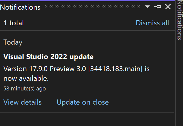 [ユーザー通知] ツール ウィンドウを示すスクリーンショット。