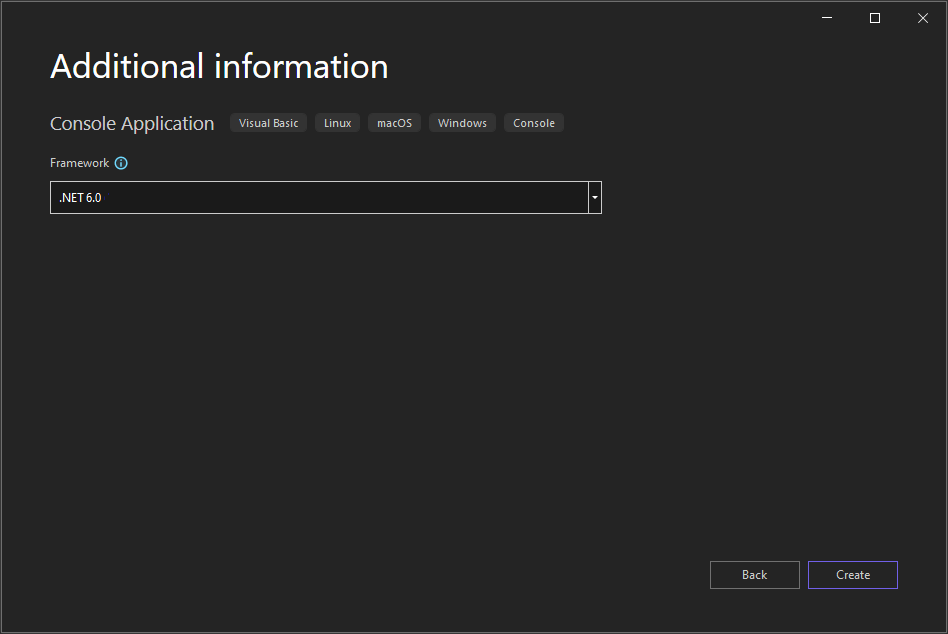Screenshot showing the Additional information window in Visual Studio with .NET 8.0 selected as the target framework for the new project.