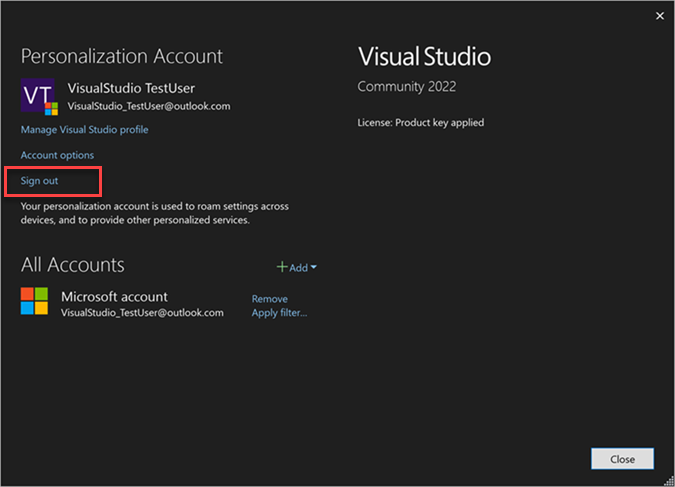 Screenshot showing Visual Studio sign out on Account Settings dialog.