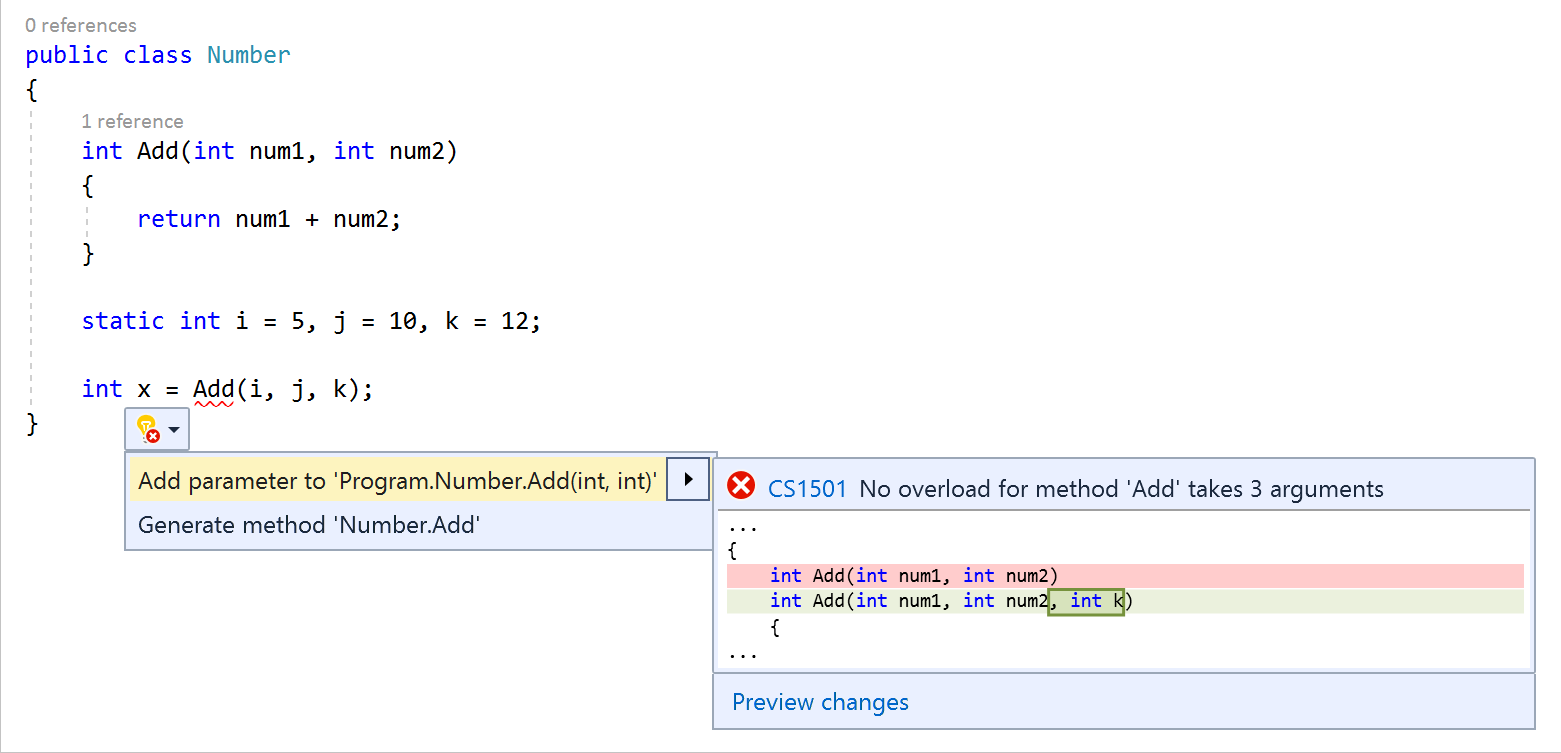 Visual Studio でメソッドクイック アクションにパラメーターを追加する