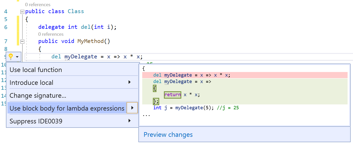 Use lambda expression or block body - Visual Studio (Windows