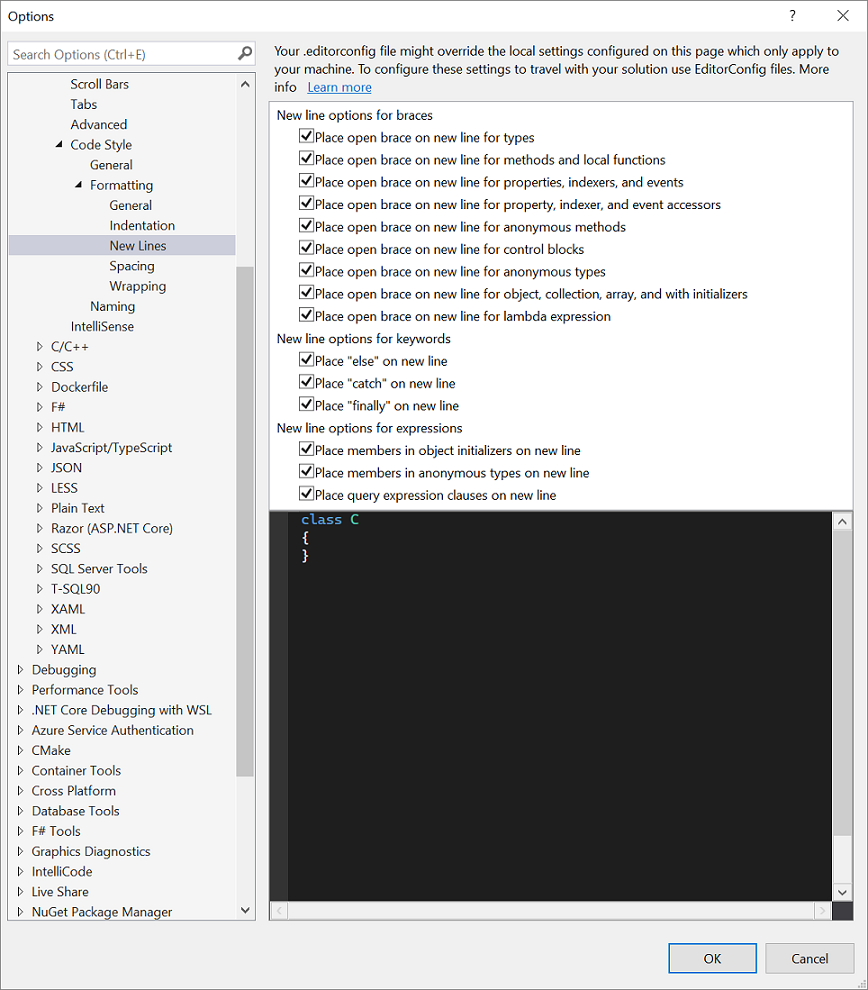 Visual Studio での C# の [新しい行] オプションのスクリーンショット。