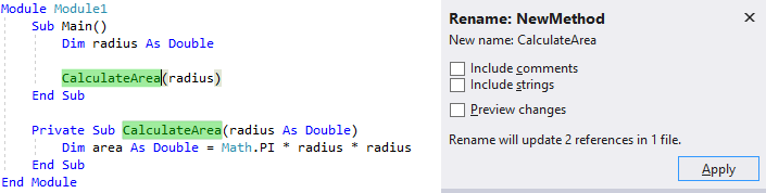 Screenshot showing Visual Basic code for the Main Sub. A method name is highlighted and the Rename popup window is open.