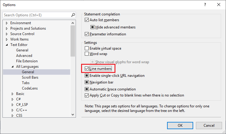 [オプション] ダイアログのスクリーンショット。Visual Studio エディターで行番号の表示と非表示を切り替えるために使用できます。