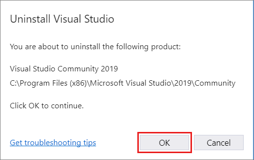Visual Studio 2019 をアンインストールすることを確認するダイアログを示すスクリーンショット。